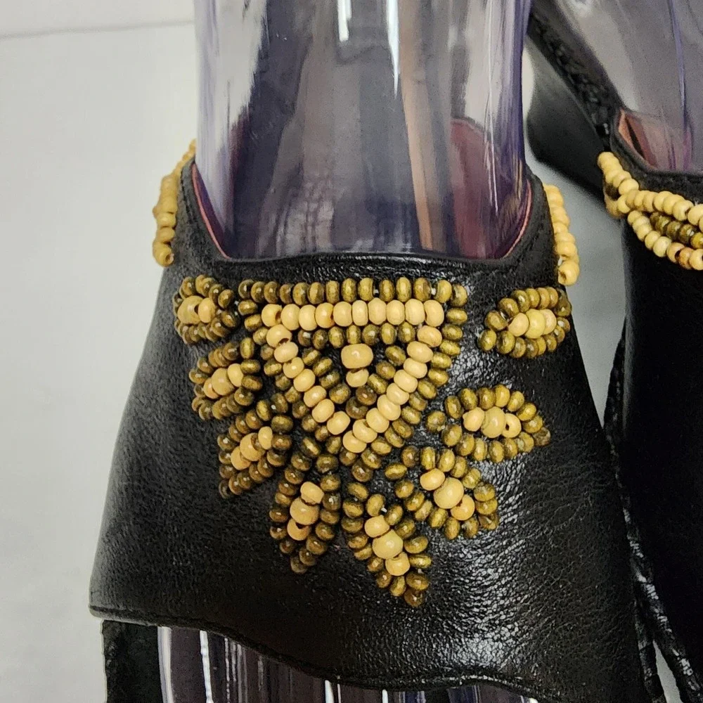 Clarks Artisan Womens‎ Sz 9 Black Leather Beaded Wedge Slide Sandals 2 Inch Heel